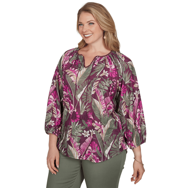 Plus Size Ruby Rd. Sedona Escape Tropical Tassel Neck Blouse
