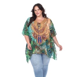 Plus Size White Mark Abstract Peacock Short Caftan Tunic