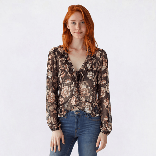 Juniors A. Byer Floral Long Sleeve Lurex Ruffle Blouse