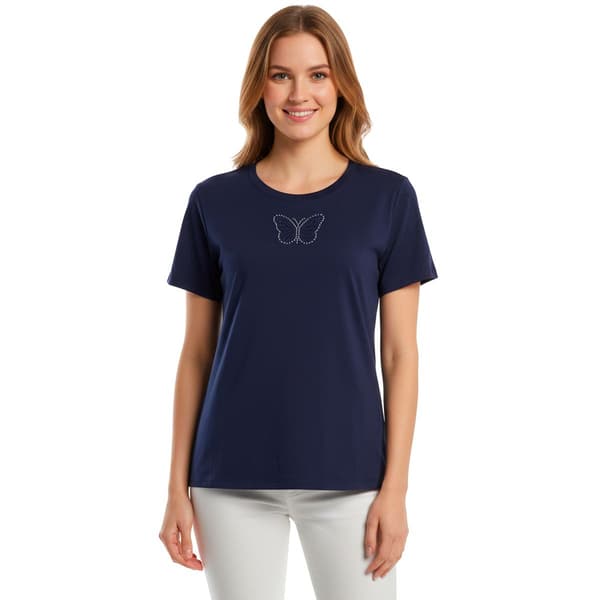 Womens French Laundry Embroidered Rhinestone Butterfly Tee - image 