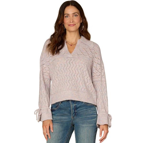 Womens Democracy Long Flounce Sleeve Tie Pointelle Stitch Sweater