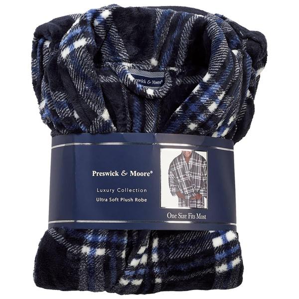 Mens Preswick & Moore® Plaid Velvet Robe - Navy/White