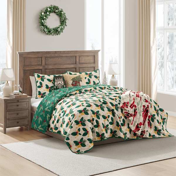 Hallmark Green Poinsettia 3pc. Holiday Quilt Set
