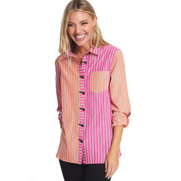 Womens Multiples Long Sleeve Yarn Dyed Color Block Stripe Shirt