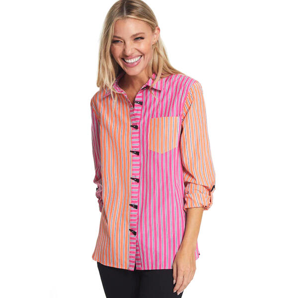 Womens Multiples Long Sleeve Yarn Dyed Color Block Stripe Shirt - image 