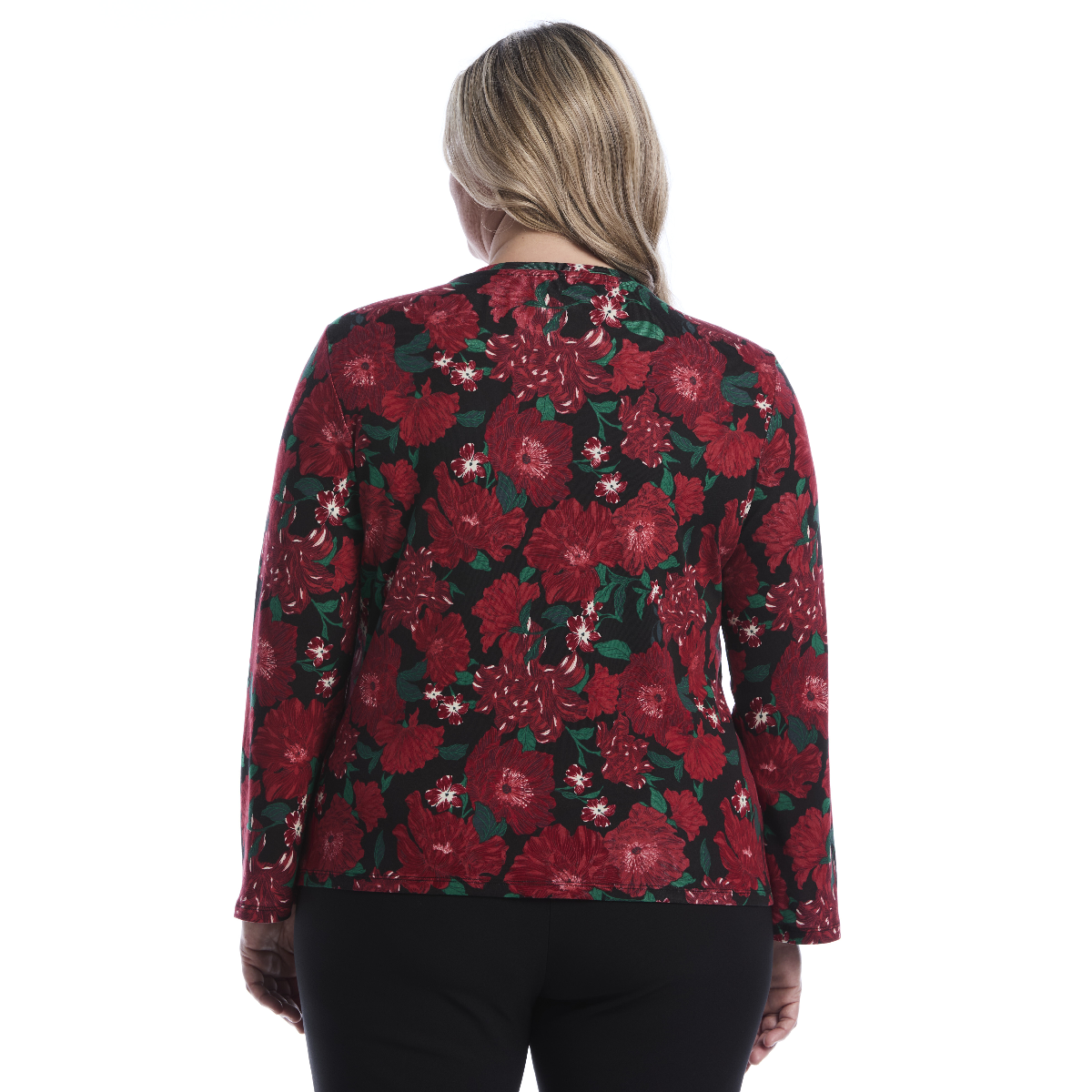 Plus Size Rafaella® Long Sleeve Embellished Neck Floral Blouse