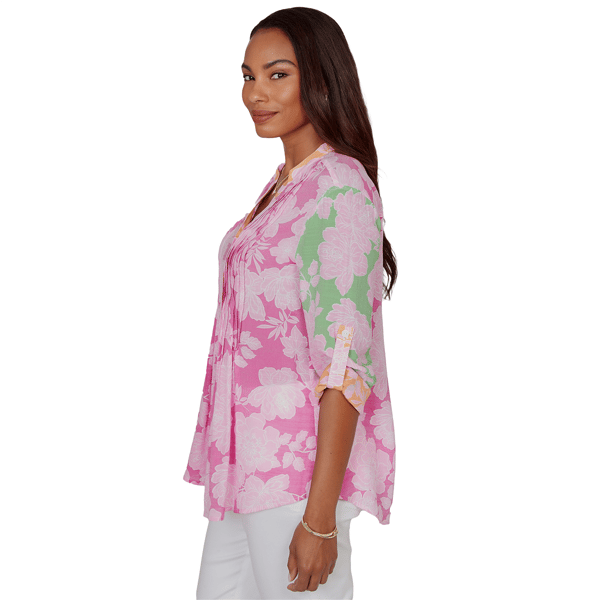 Womens Ruby Rd. Hothouse Florals Roll Tab Sleeve Blouse