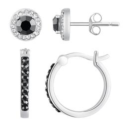 Sterling Silver Jet & Clear Crystal Stud & Hoop Earrings Set