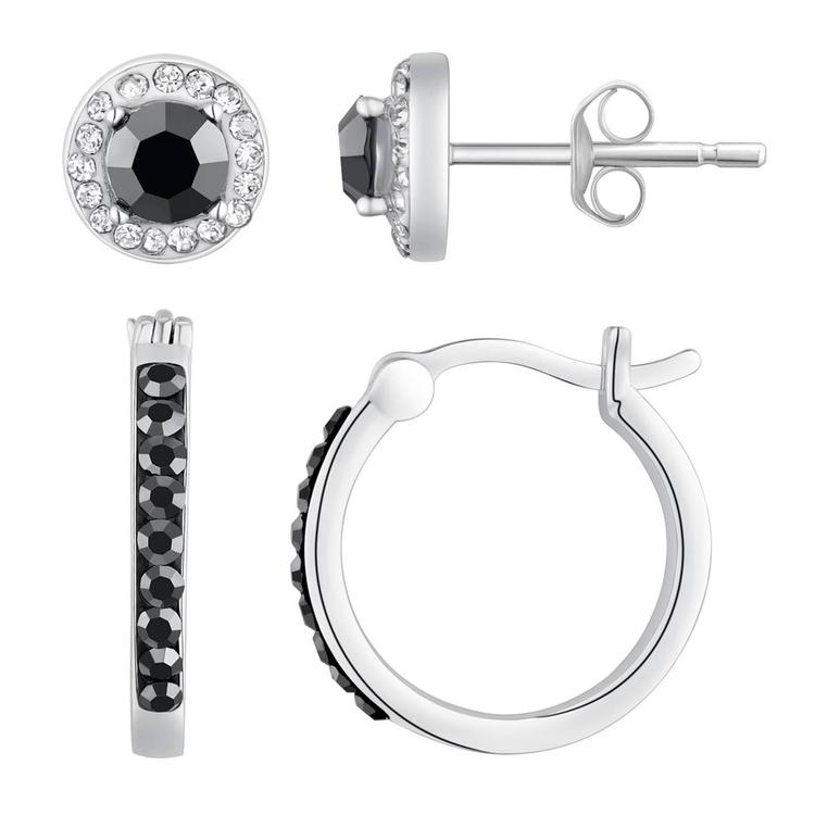 Sterling Silver Jet & Clear Crystal Stud & Hoop Earrings Set