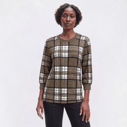 Womens Bonnie Evans 3/4 Sleeve Plaid Hacci Sweater