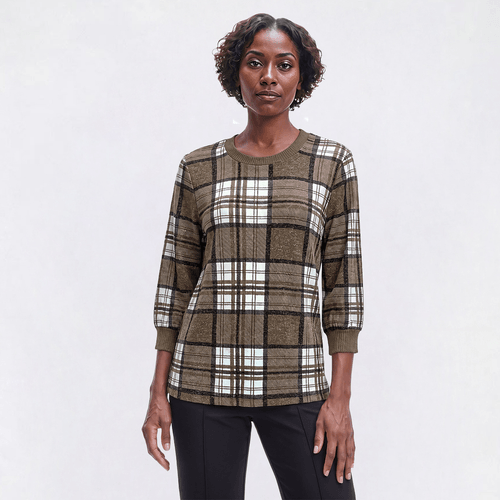 Womens Bonnie Evans 3/4 Sleeve Plaid Hacci Sweater - image 