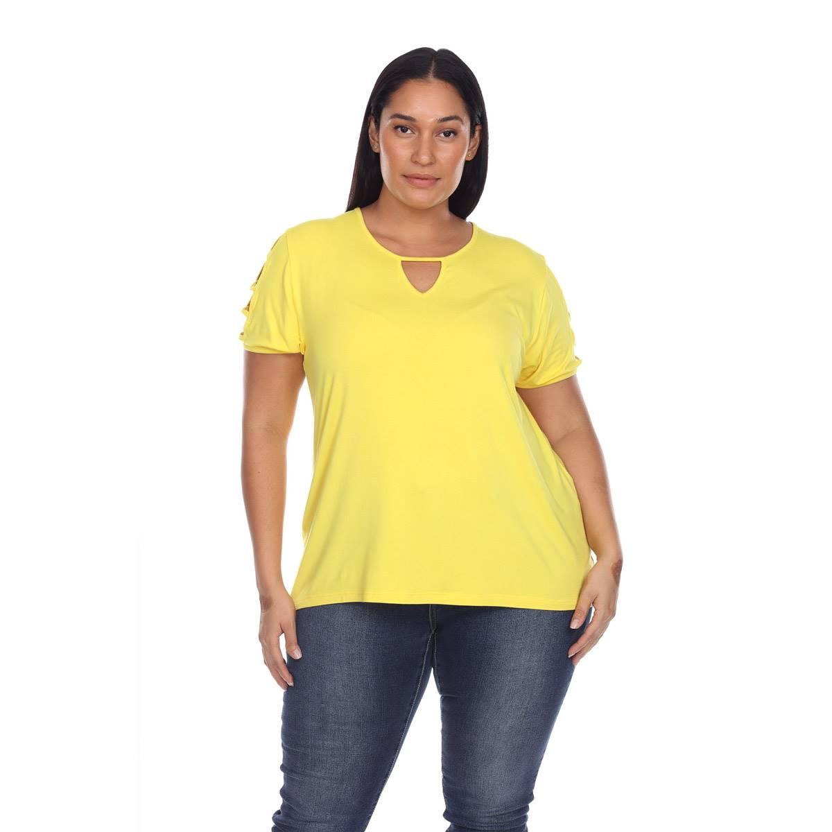 Plus Size White Mark Short Sleeve Solid Keyhole Neck Top