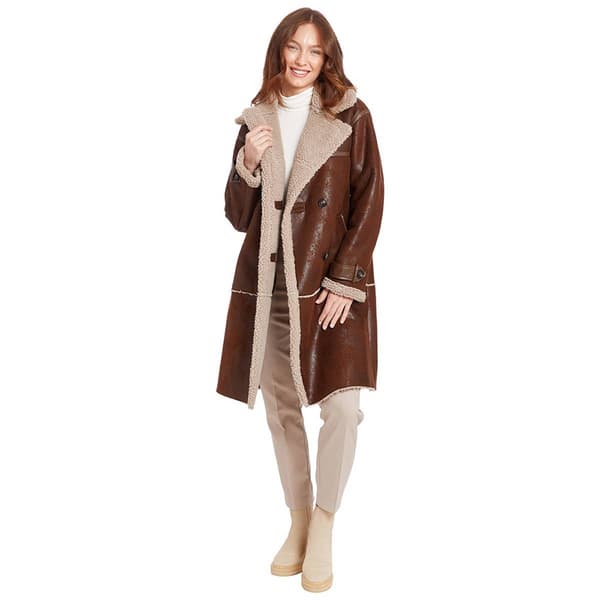 Womens Frye Double Breasted Faux Shearling Coat