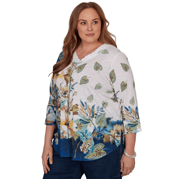 Plus Size Alfred Dunner Indigo Girls 3/4 Sleeve Floral Blouse