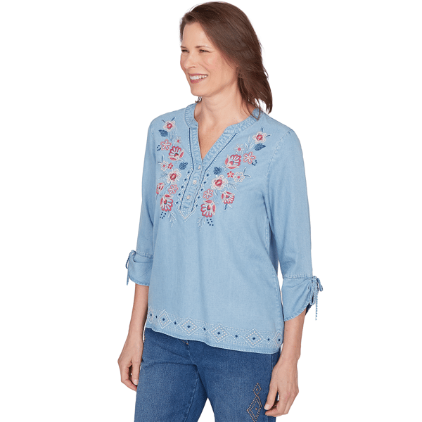 Petite Alfred Dunner Austin Floral Denim Tie Sleeve Blouse