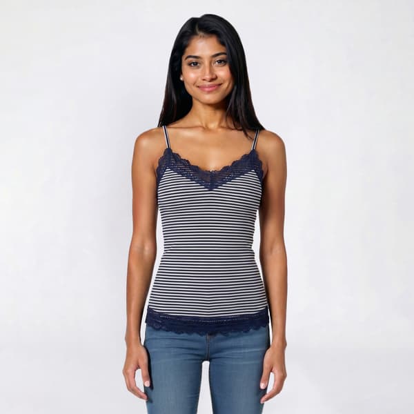 Juniors Pink Rose Rib Lace Trim Long Camisole w/ Stripes - image 
