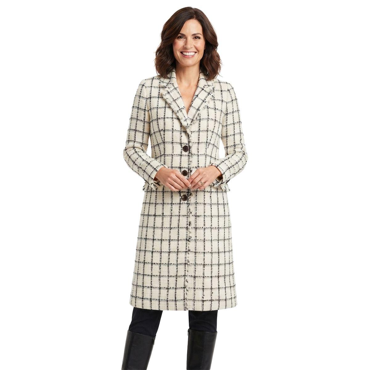 Womens Kasper Long Sleeve Windowpane Plaid Fringe Collar Jacket
