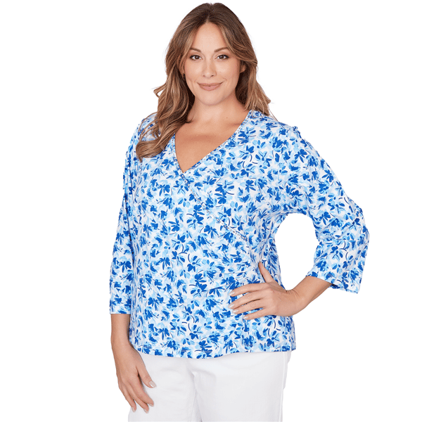 Plus Size Hearts of Palm Embraceable Blue Floral Surplice Blouse