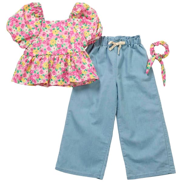 Girls &#40;4-6x&#41; BTween&#174; Puff Sleeve Top/ Wide Leg Chambray Pants Set