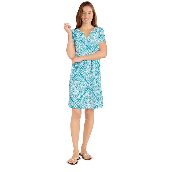 Petite Ruby Rd. Short Sleeve Split Neck Medallion Dress - image 