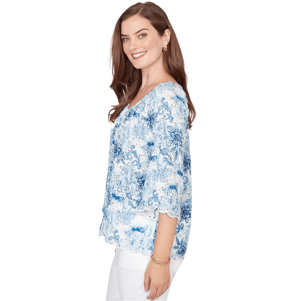 Petite Ruby Rd. French Riviera Floral Toile Scallop Blouse