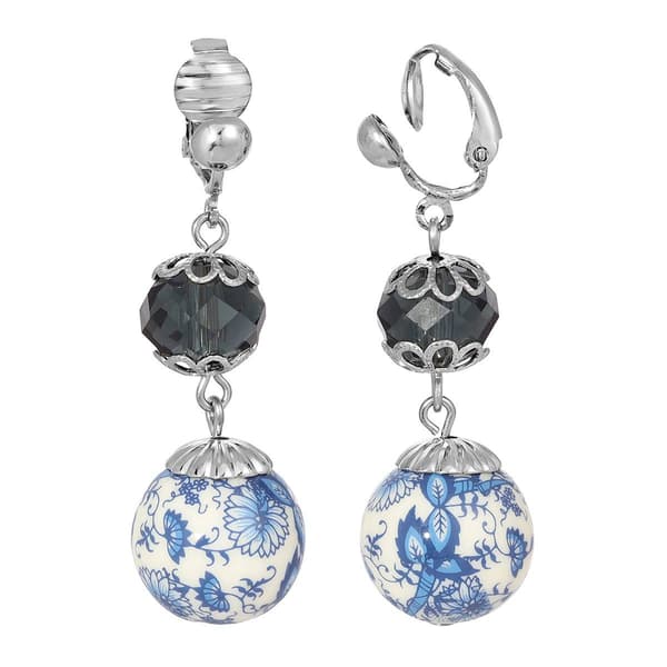 1928 Silver Tone Dark Blue & Blue Willow Beaded Clip Earrings - image 