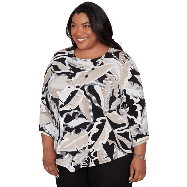 Plus Size Alfred Dunner Detail Driven 3/4 Sleeve Palm Leaf Blouse