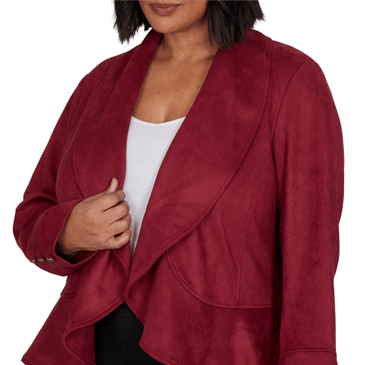 Plus Size Emaline Country Code Faux Suede Open Front Jacket