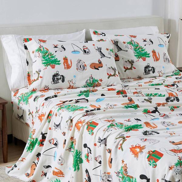 Freshfolds Cotton Cat Festivities Holiday 4pc. Flannel Sheet Set - image 
