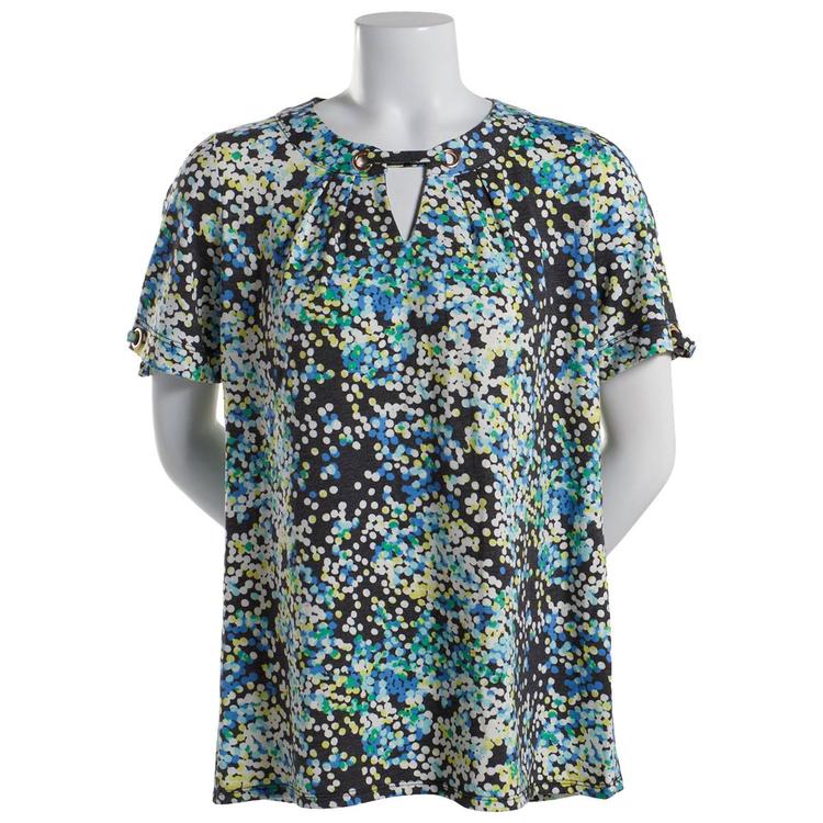 Petite Notations Short Sleeve Keyhole Basic Knit Blouse