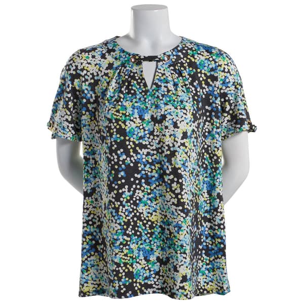 Petite Notations Short Sleeve Keyhole Basic Knit Blouse