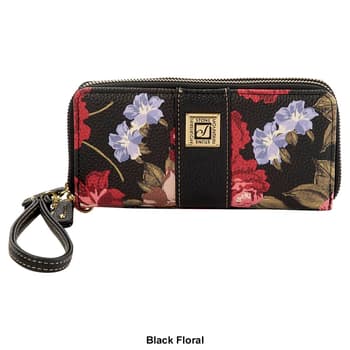 Stone Mountain Rose Bloom Zip Around Black Floral Leather Wallet, Wristlet