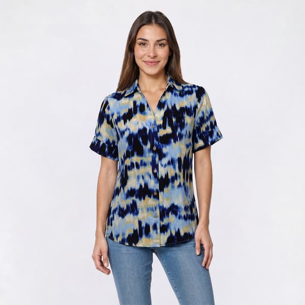 Womens Anne Klein Short Sleeve Button Front Abstract Blouse - image 
