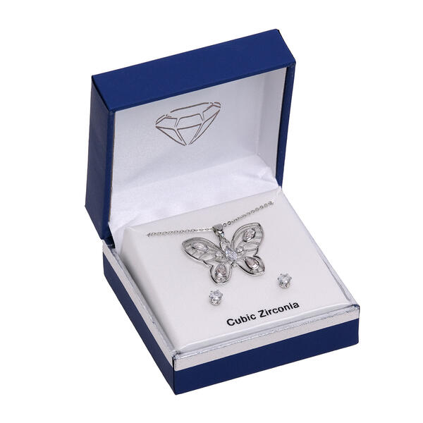 Boxed Silver-Tone Cubic Zirconia Butterfly Necklace & Earring Set - image 