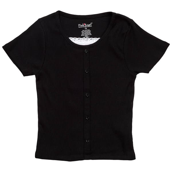 Girls (7-16) Pink Angel Lace Neck Faux Button Up Tee - image 