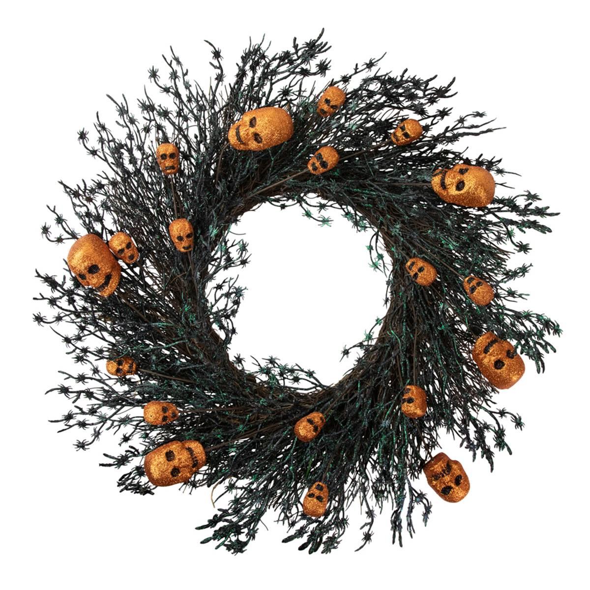 Open Video Modal for Northlight Seasonal 22in. Unlit Skulls &amp; Spiders Halloween Wreath