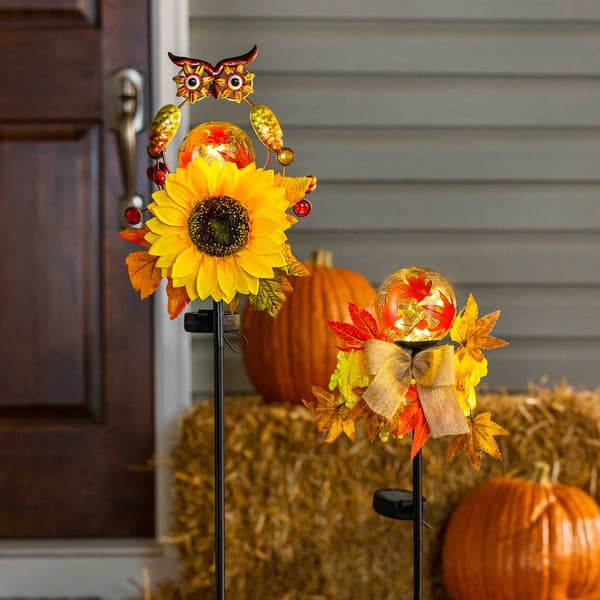 Evergreen Solar Fall Flowers and Owl Garden Stake