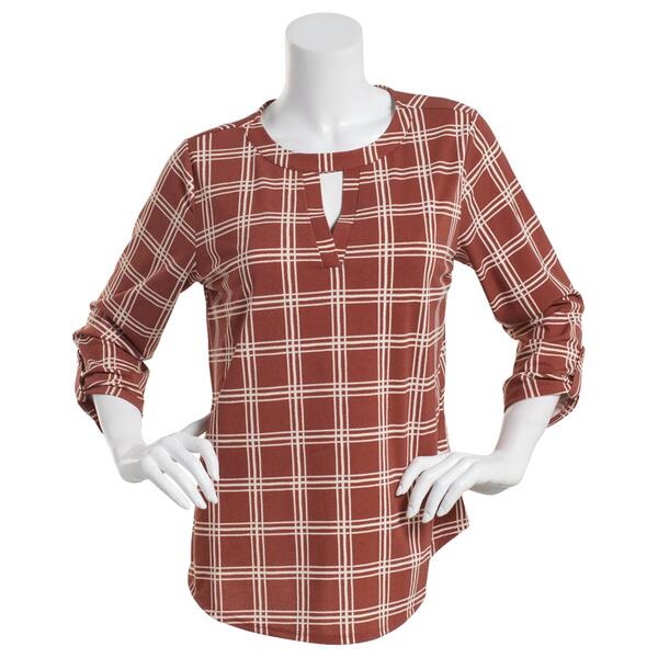 Womens Cure 3/4 Roll Tab Sleeve Knit Crepe Grid Blouse - image 