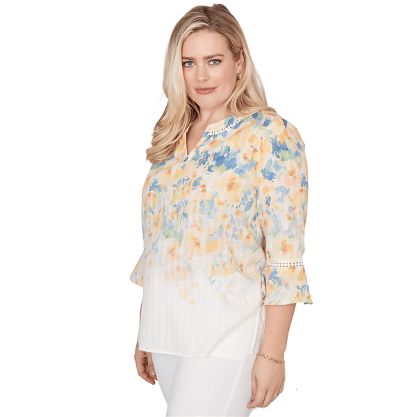Petite Alfred Dunner Out Of The Blue Flounce Sleeve Floral Blouse
