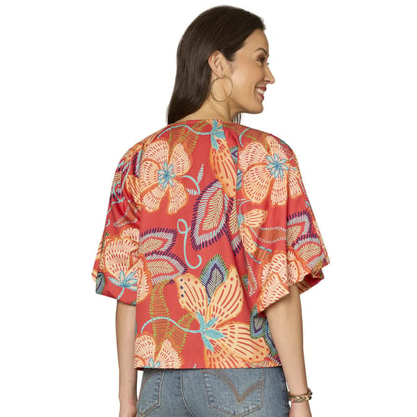 Womens Democracy Elbow Sleeve O-Ring Neck Floral Blouse