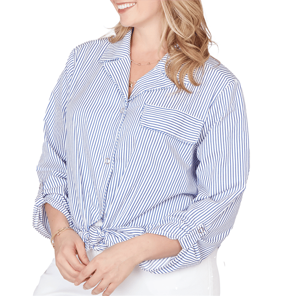 Plus Size Ruby Rd. Set Sail 3/4 Sleeve Knot Front Stripe Blouse