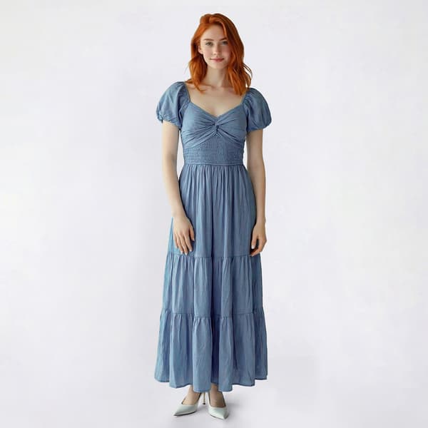 Juniors Trixxi Puff Sleeve Twist Front Smocked Midi Dress