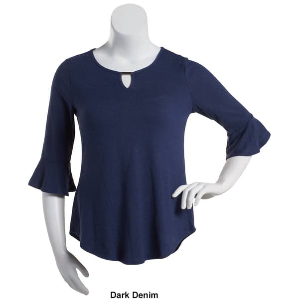 Plus Size Notations 3/4 Ruffle Sleeve Solid Hacci Keyhole Top
