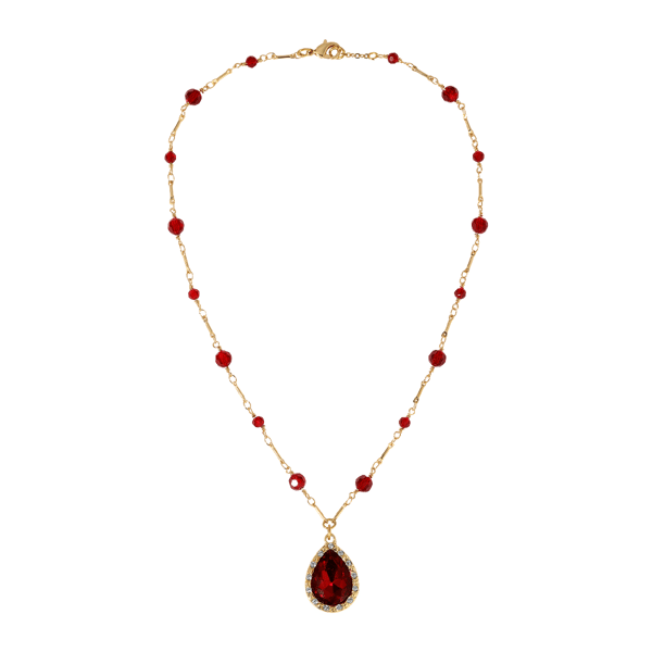 1928 Gold-Tone Beaded Siam Red Teardrop Pendant - image 