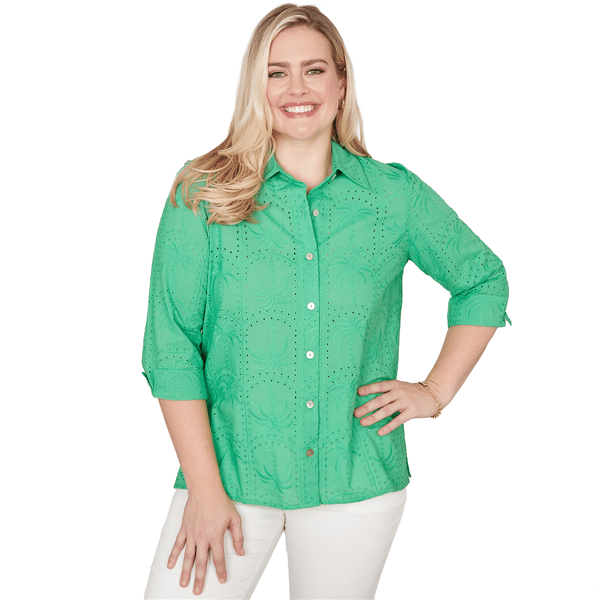 Womens Alfred Dunner Resort Living Eyelet Palm Tree Button Front - image 