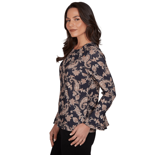 Womens Emaline Country Code Long Flounce Sleeve Paisley Blouse