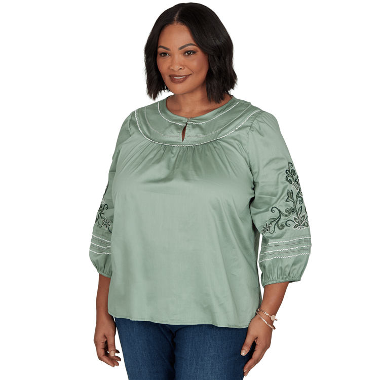Plus Size Ruby Rd. Game of Luxe Embroidered Sleeve Voile Blouse
