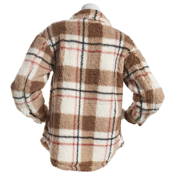 Juniors Almost Famous Sherpa Plaid with Welt Pocket Shacket-Taupe