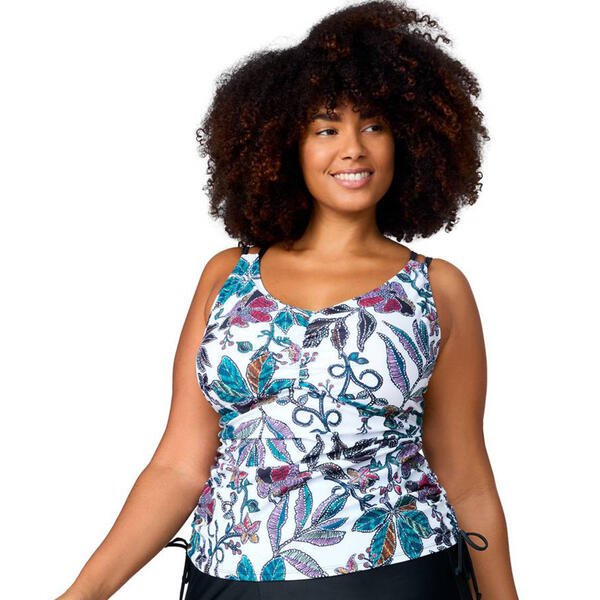 Plus Size Free Country Sunlit Floral Shirred Tankini Swim Top - image 