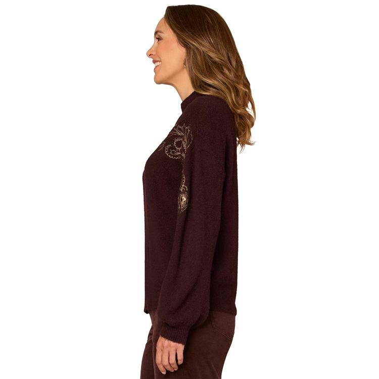 Womens Democracy Bead Embroidered Sleeve Mock Neck Sweater
